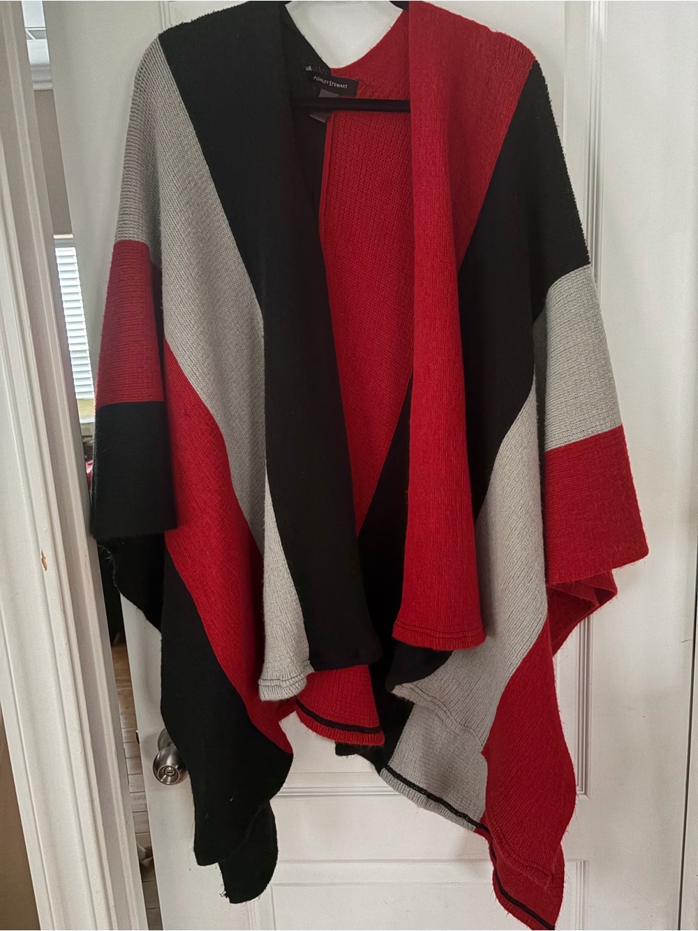 Colorblock Open-Front Poncho Sweater - Red, Black & Gray